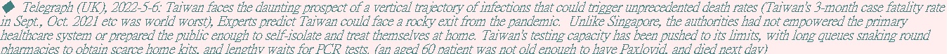 &nbsp;Telegraph (UK), 2022-5-6: Taiwan faces the daunting prospect of a vertical trajectory of infections that could trigger unprecedented death rates&nbsp;