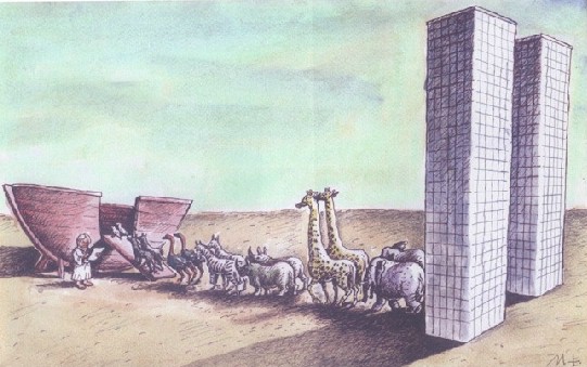 Romania cartoon, twin towers New York